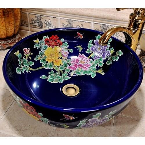 Jingdezhen factory directly art hand painted ceramic wash basin blue peony