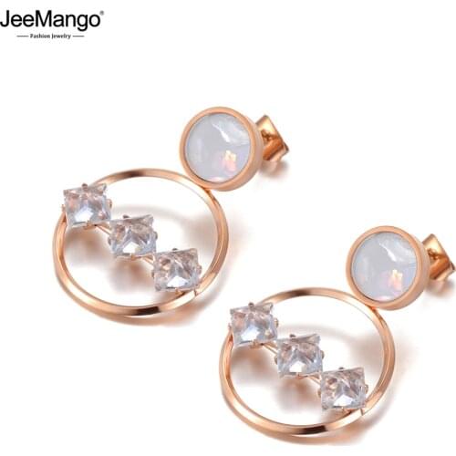 JeeMango Fashion Titanium Stainless Steel Double Circle Shell Earrings For Women Girl Geometric CZ Crystl Party Earrings JE20098