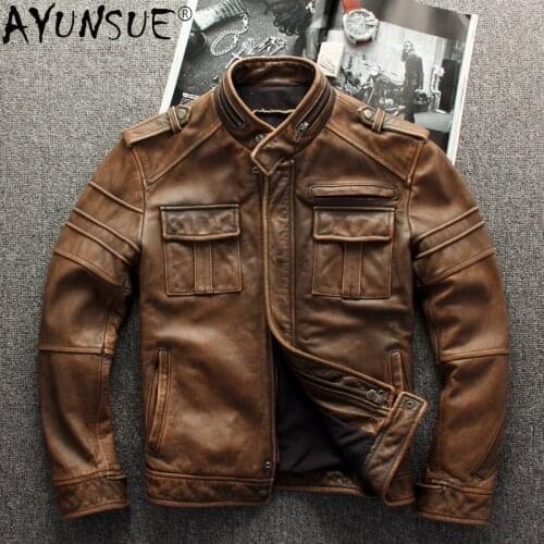 Real Leather Jacket Men Vintage Stand Collar Motorcycle Coat Cow Leather Jackets Streetwear Man Clothes Casaco Masculino WPY3886