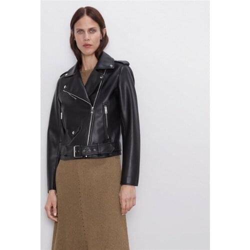 2021 Spring Autumn Soft Faux Leather Short Jacket with Belt Women Lapel Pu Leather Coat Black Zipper Moto Biker Outwear