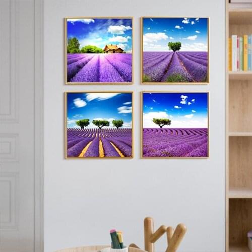Lavender and Tree Blue Sky Home Decor Canva Wall Art Painting Picture Purple Flowers Provence Live Painting Modern Art Landscape