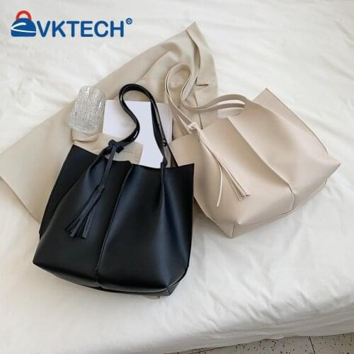 Fashion Women PU Leather Solid Color Shoulder Shopping Bag Ladies Casual Tassel Large Capacity Tote Handbags