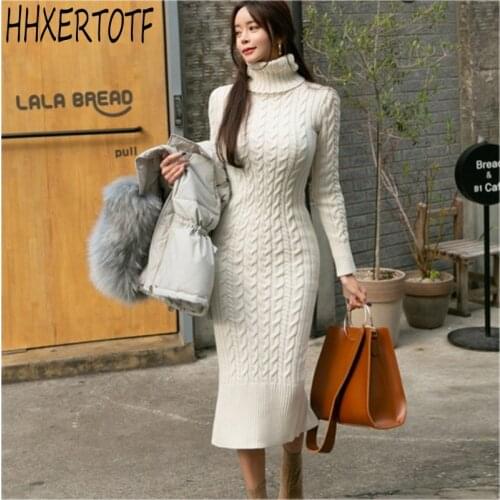 2020 Autumn Winter Fashion Turtleneck Thick Sweater Dresses Female Casual Knitted Pullovers Long Sleeve dress