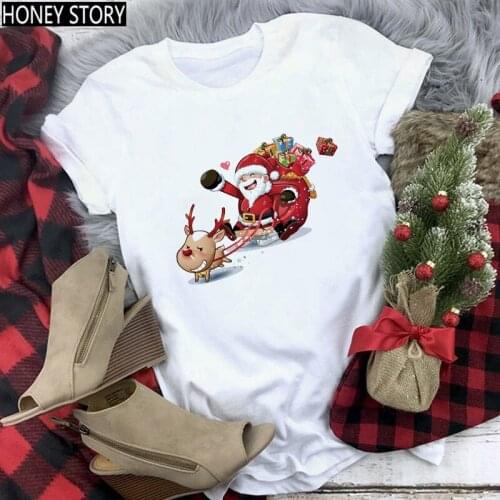 FIXSYS Unisex Loose Size Casual New Fashion Tops Cute Santa Claus and Reindeer Print Women T-Shirt Ladies Christmas Tee Shirt
