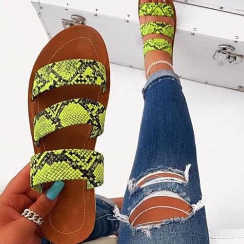 Fashion Ladies Shoes Slippers Woman Roman Snake Print One-line Beach Sandals Large Size Flat Slippers Casual