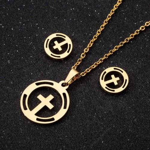 Hfarich Vintage Religional Christian Jesus Cross Stud Earrings Sets Women Classical Circle Necklaces Ladies Femme Gifts