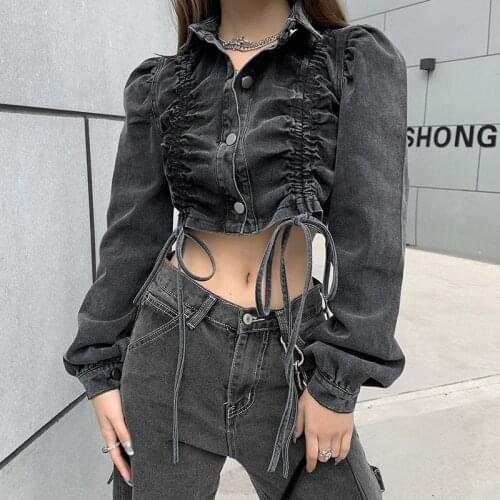 Women Black Pleated Button Jeans Jacket Spring 2021 Autumn High Street Dark Academia Drawstring Fashion Denim Mujer Jacket Tops