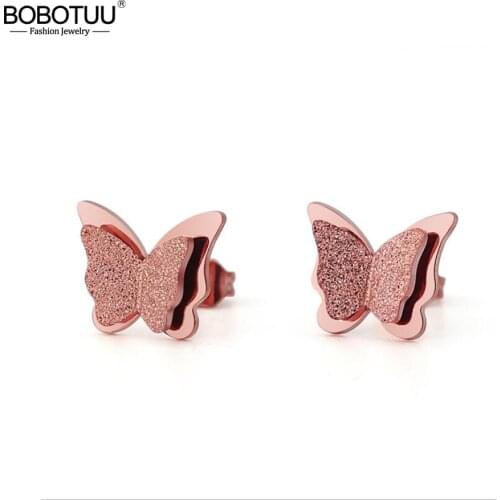 New Design Fashion Double-layer Matte Butterfly Stud Earrings Titanium Steel Rose Gold Color Wedding Earrings For Women BE17030