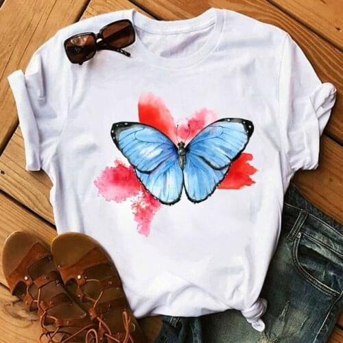 Butterfly pattern womens top summer casual fashion womens T-shirt womens white short-sleeved womens round neck top