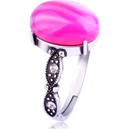 Silver Plated Oval Shape Stripe Rose Red Agates Resizable Finger Ring for Women Malachite Stone Jewelry