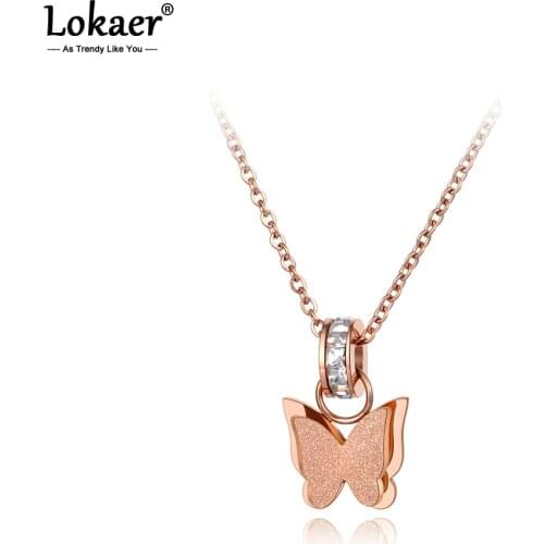Lokaer Titanium Stainless Steel Lovely Butterfly Charm Choker Necklaces CZ Crystal Animal Pendant Chain Jewelry For Women N20031