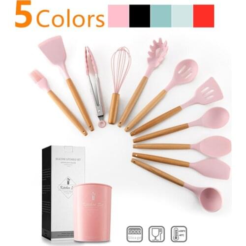 11 PCS Silicone Cooking Utensils Set Non-stick Spatula Shovel Wooden Handle Cooking Tools Set With Storage Box Kitchen Tools