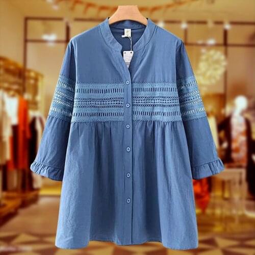 2021 New Arrival Summer Korean Style Women Three Quarter Sleeve V-neck Blouse Hollow Out Design Cotton Linen Casual Shirts W77