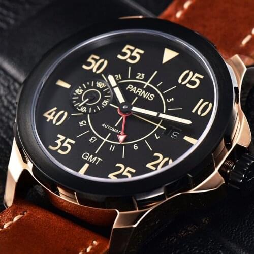 Parnis 44mm Mechanical Mens Watch GMT Mens Automatic Watch Black Dial Wristwatch for Men Calendar Watches with box gift clock