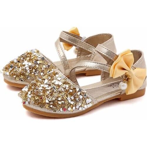 Children Girls Gold Bowknot Sequins Bling Sinlge Shoes For Little Toddler Baby Girls Princess Party Wedding Dance Shoes New 2020