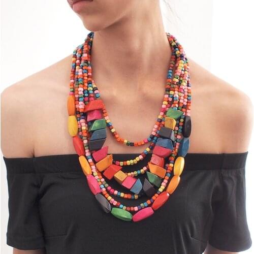 Multilayer Wood Bead Choker Necklaces For Women Handmade Beaded Statement Necklace Bohemian Jewelry UKEN