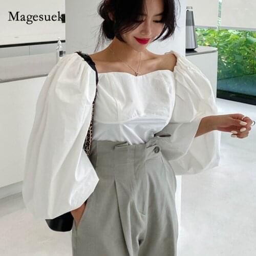 New Slash Neck Temperament Blouse Women Sexy Strapless Slim Tube Top Spring Chic Loose Big Puff Sleeve Solid Shirt Blusas 12867