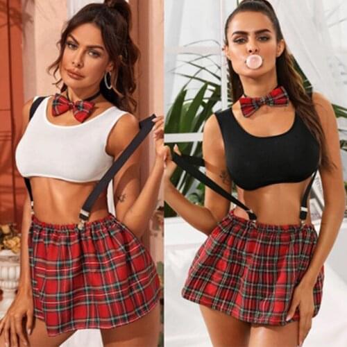 2021New Arrived Cosplay Student Uniform Sexy Lingeri Mini Plaid Skirt +Cute Bow+Strap 4pcs Set Girl Erotic Underwear Wholesale
