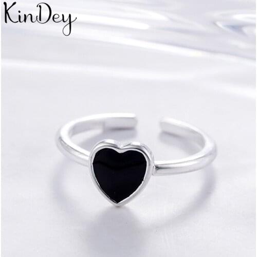 Punk Fancy Silver Color Black Heart Rings for Women Men Large Adjustable Size Rings aneis