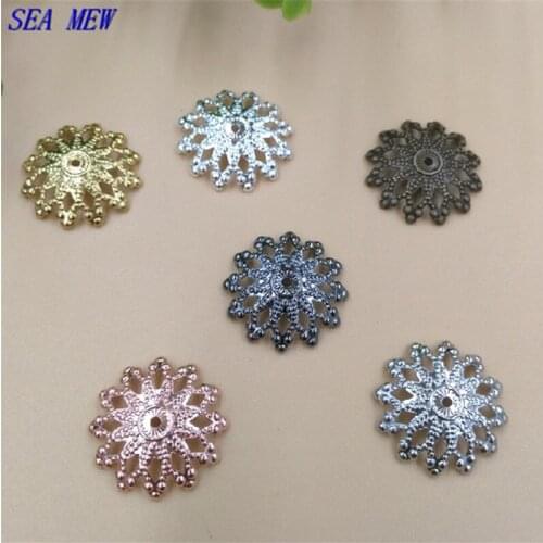 SEA MEW 16mm Copper Filigree Flowers Hollow Out Bead Caps 4 Colors Plated Connectors For Jewelry Making