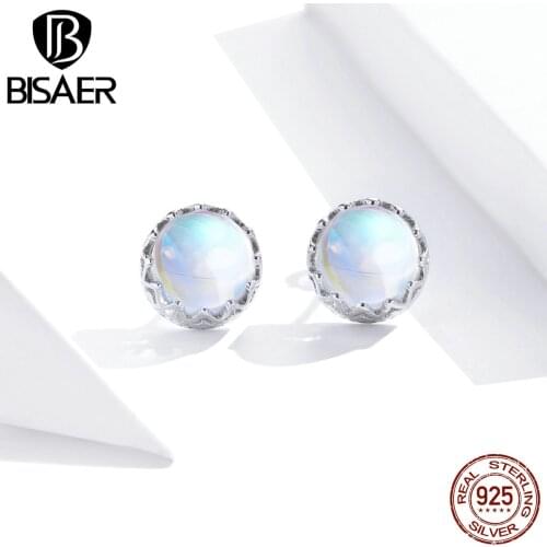 BISAER Crown Moonstone Stud Earrings 925 Sterling Silver Noble Small Earring For Women Classic Best Gift Fine Jewelry ECE877