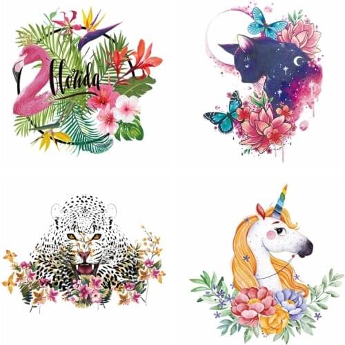 Cartoon Animal Flower Patches For Clothing Cat Unicorn Stickers Iron On Transfers For Clothes Flamingo Thermo-stickers Applique
