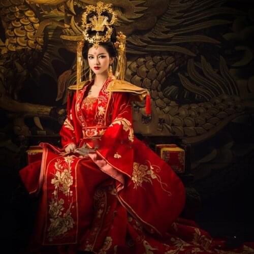 WYJN Tang Empress GuiFei Gorgeous Embroidery Long Tailed Costume Red Bride Wedding Hanfu Drama Cosplay Stage Show Dress