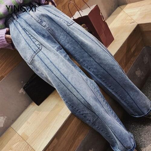 YING XI 2020 Spring Loose Casual Striped Jean Blue Women Plants Long Style Straight With Pockets Zipper Fly High Waist Jeans