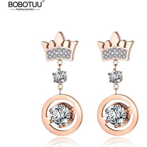BOBOTUU New Stainless Steel Rose Gold Cubic Zirconia Crown Stud Earrings Sparkling Wedding Earrings Jewelry For Women BE19092
