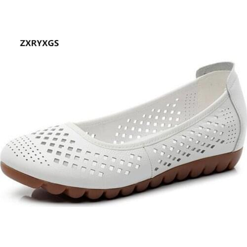2021 New Spring Summer Genuine Leather Hollow White Shoes Casual Flats Soft Sole Comfortable Large Size Women Shoes Flat Shoes