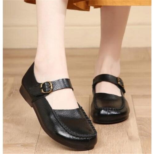 2021 Bestselling New Autumn Round Toe Soft Genuine Leather Shoes Comfortable Flat Shoes Soft Sole Non-slip Casual Shoe Mom Flats