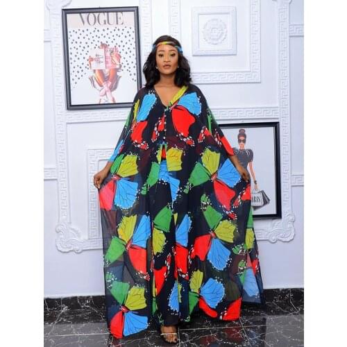 2021 New Fashion Two Piece Long African Dress Pants Suits Set For Women Plus Size Chiffon Digital Print Abaya+Pants 2 Piece Sets