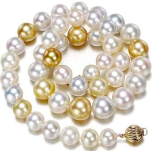 14k gold 10-11mm freshwater round gold white multicolor pearl necklace 18inch