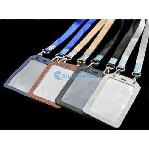 1 Set / Lot Vertical Genuine leather ID Cards Holder + Strap Lanyard Snap Hooks Exhibition Retractable Badge For Business Office