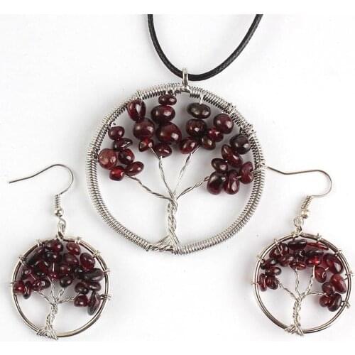 100-Uniqe 1 Set Silver Plated Natural Garnet Stone Pendant Tree of Life Necklace Earrings Anniversary Jewelry Set