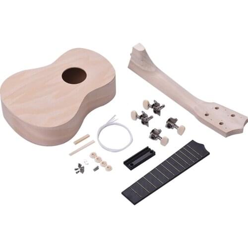 21 Inches Unfinished DIY Ukulele Ukelele Uke Kit Basswood Body Neck Plastic Fingerboard Bridge Nylon String for Ukulele Lovers