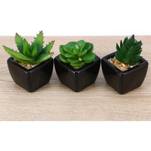 3pcs Square Black Ceramic Artificial Succulent Planter Mini Faux Potted Plants