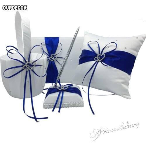 4Pcs/set 5Colors Wedding Decoration Bridal Satin Ring Pillow+Flower Basket+Guest Book+Pen Set Casamente Products