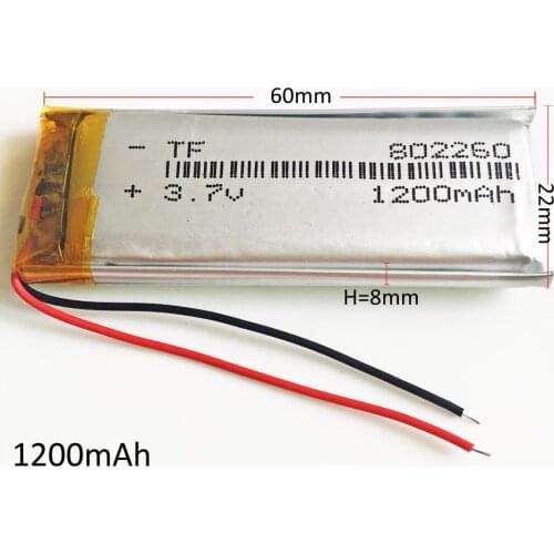 3.7V 1200mAh Lithium Polymer LiPo Rechargeable Battery 802260 For Mp3 MP4 GPS PSP DVD mobile video game PAD E-books Tablet PC