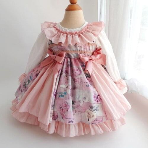 2PCS Autumn Winter New Spanish Lolita Princess Ball Gown Bow Lace Stitching Birthday Party Easter Palace Dresses For Girls A548