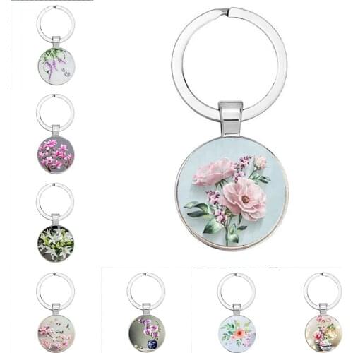 Daisy Rose Sakura Simple Style Keychain Glass Cabochon Jewelry Lily Pendant Keychain Gifts for Men and Women