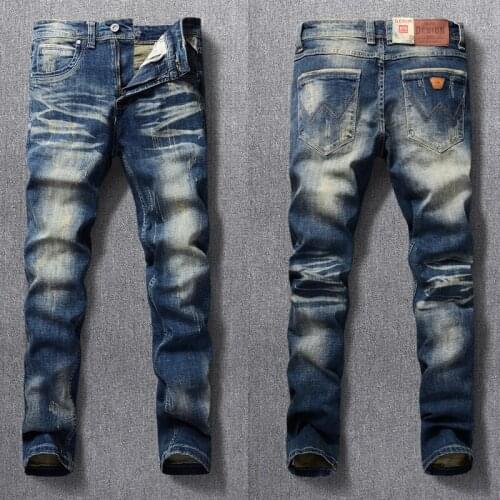 Italian Style Fashion Men Jeans Retro Blue Elastic Cotton Slim Fit Ripped Jeans For Men Streetwear Vintage Designer Denim Pants