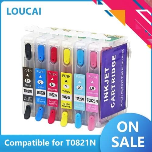 T0821 ink cartridge Refillable For Epson Stylus R270 R390 RX590 T50 TX700W TX800W TX720 TX700 TX800 RX610 printers with Chip