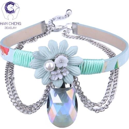 HanCheng New Fashion PU Belt Big Discolor Created Crystal Flower Choker Necklace Women Necklaces Tassel collar jewelry bijoux