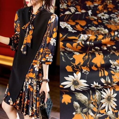 Imitation Silk Satin Chiffon Fabric Retro Black Bottom Brown Yellow Big Flower Dress Cheongsam Womens Handmade DIY Fabric