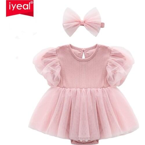 IYEAL Fashion Summer Clothing Baby Girl Cotton Soft Jumpsuit+Headband Tulle Dresses Girls Ruffle Outfits Fashion Infant Clothes