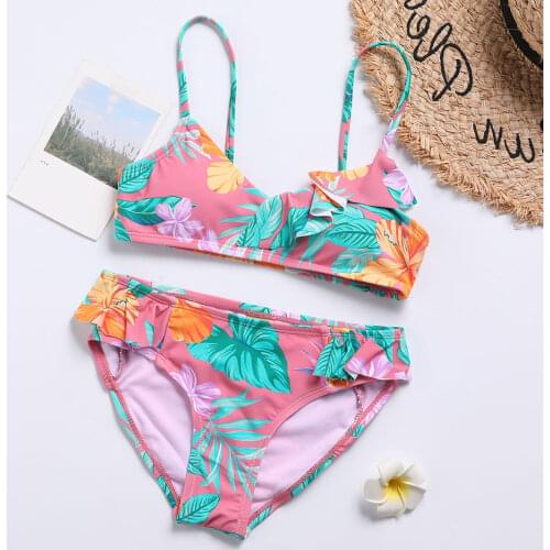 Tropical Girl Swimsuit Kids Ruffle Girl Bikini Set Floral Two Piece Childrens Swimwear Padded Girls Bathing Suit Beachwear 2021