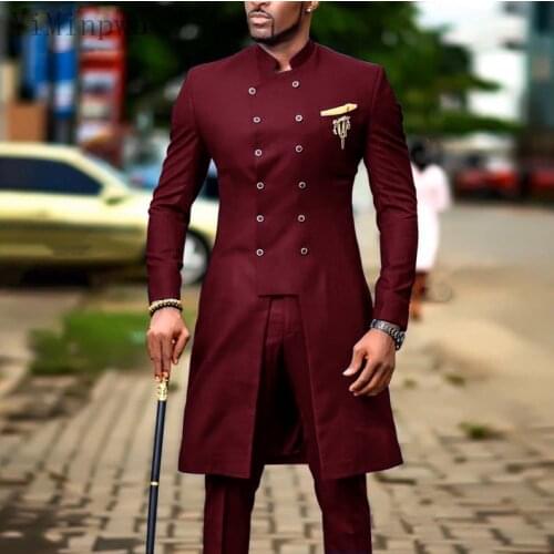 YiMinpwp Burgundy Men Suits Stand Collar Double Breasted Prom Suits Slim Fit Wedding Suits for Men 2 Piece Long Coat+Pant