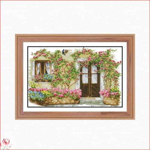 Rose Cabin Cross Stitch Kit Beautiful Flowers Pattern 14CT White 11CT Printed Embroidery set DIY Home Decoration Painting