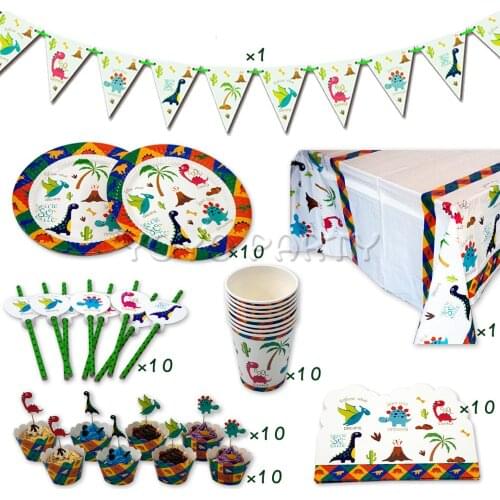 62Pcs for 10kids Dinosaur Dino theme birthday party supplies tableware set, plate+cup+straw+banner+tablecover ect